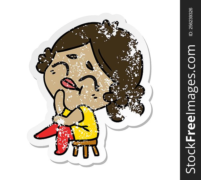 Distressed Sticker Cartoon Of A Kawaii Woman