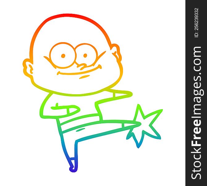 rainbow gradient line drawing of a cartoon bald man karate kicking