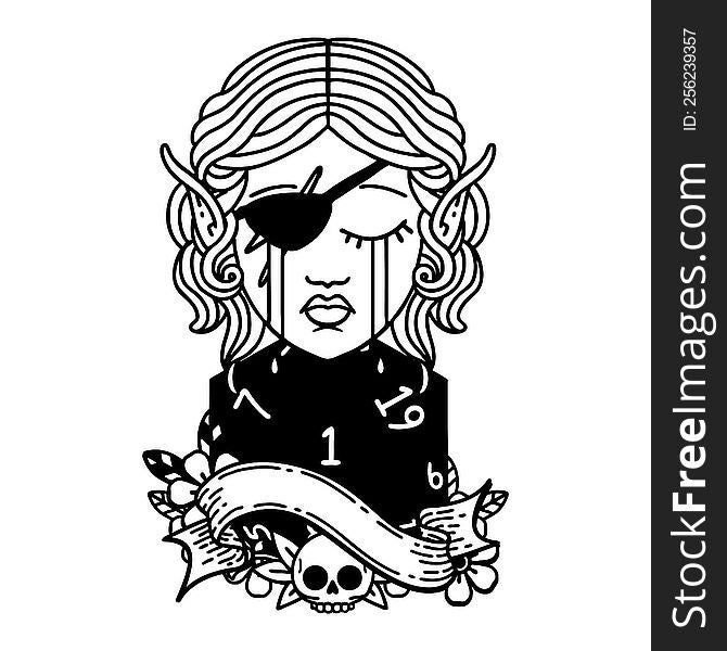 Black and White Tattoo linework Style sad elf rogue character face with natural one d20 roll. Black and White Tattoo linework Style sad elf rogue character face with natural one d20 roll