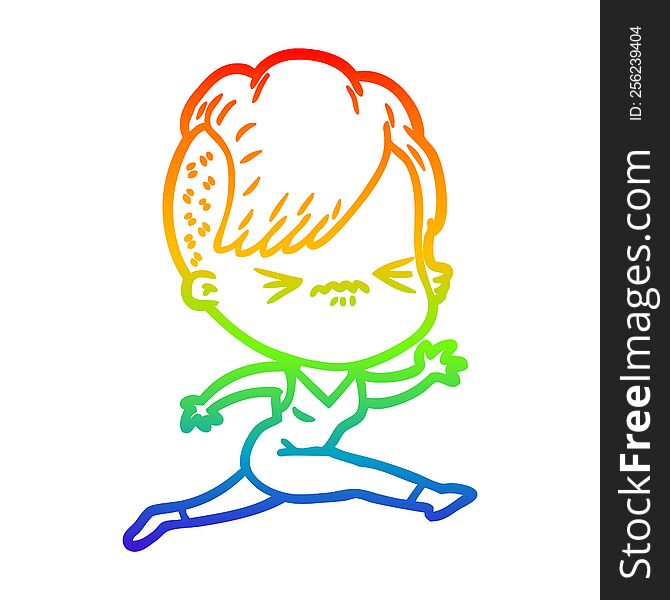 Rainbow Gradient Line Drawing Cartoon Annoyed Hipster Girl