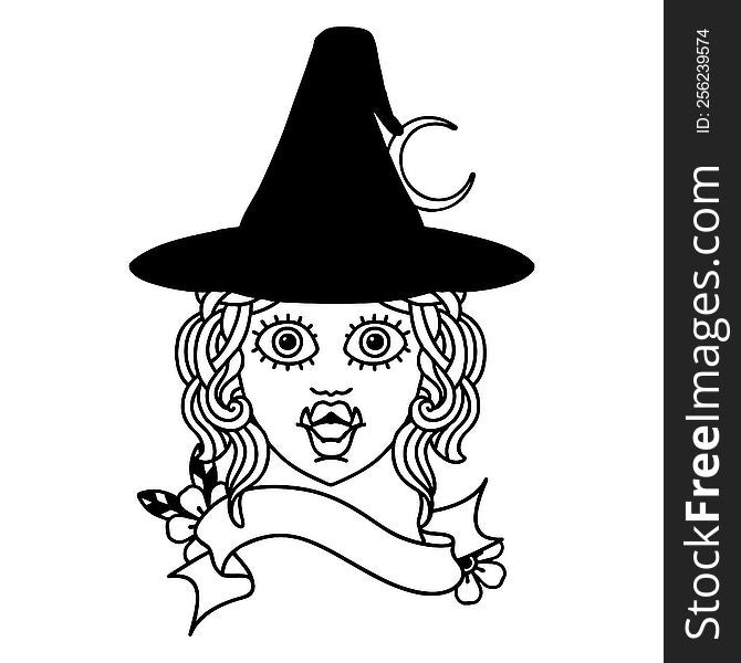 Black and White Tattoo linework Style half orc witch character face. Black and White Tattoo linework Style half orc witch character face