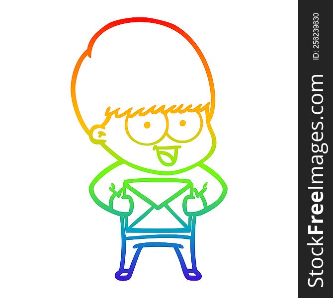 Rainbow Gradient Line Drawing Happy Cartoon Boy With Present