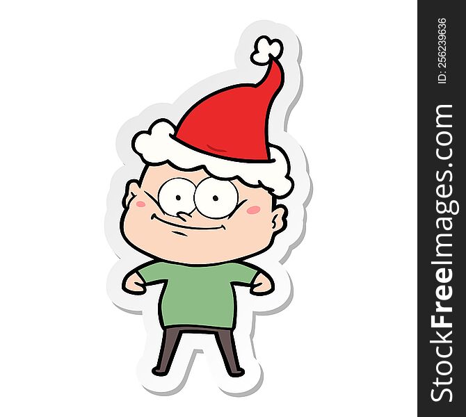 Sticker Cartoon Of A Bald Man Staring Wearing Santa Hat
