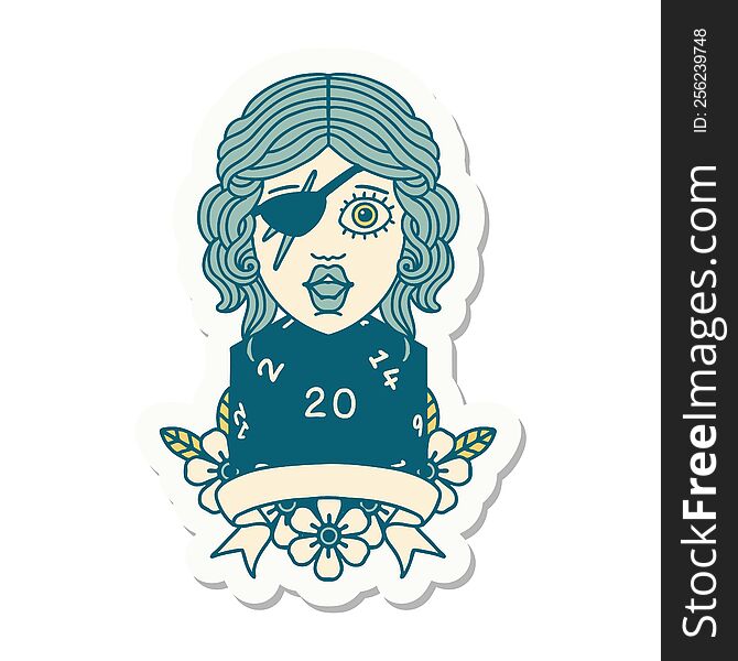 sticker of a human rogue with natural 20 dice roll. sticker of a human rogue with natural 20 dice roll