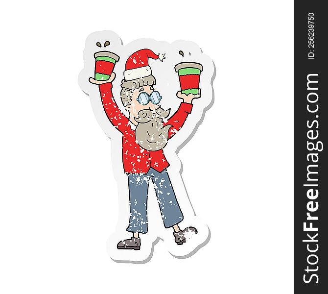 retro distressed sticker of a cartoon man with coffee cups at christmas