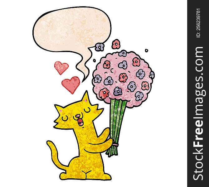 cartoon cat in love with flowers with speech bubble in retro texture style. cartoon cat in love with flowers with speech bubble in retro texture style