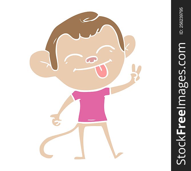 Funny Flat Color Style Cartoon Monkey Making Peace Sign