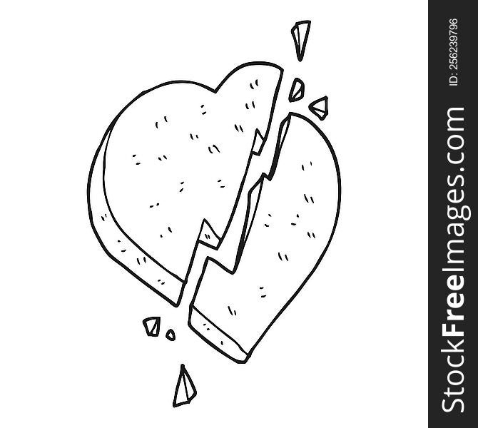 freehand drawn black and white cartoon broken heart symbol