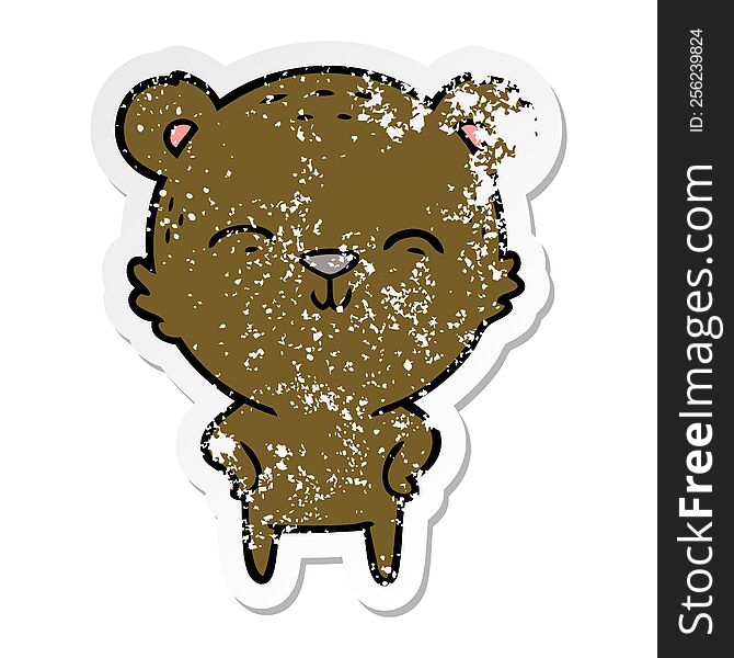 Distressed Sticker Of A Happy Cartoon Bear With Hands On Hips