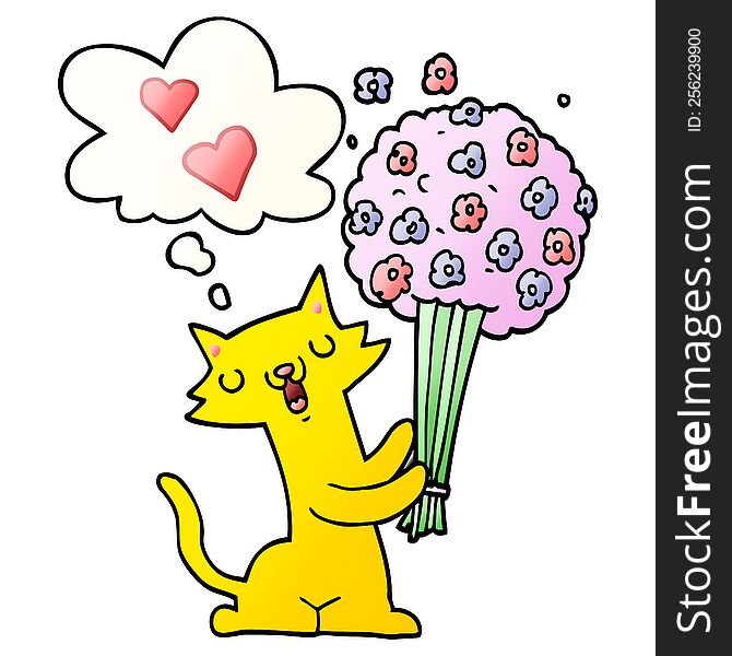 cartoon cat in love with flowers with thought bubble in smooth gradient style