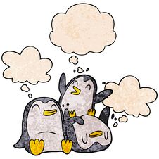 Cartoon Penguins And Thought Bubble In Grunge Texture Pattern Style Stock Photo