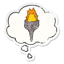 Cartoon Flaming Chalice And Thought Bubble As A Distressed Worn Sticker Royalty Free Stock Photo