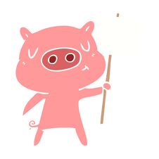 Flat Color Style Cartoon Content Pig Signpost;sign Stock Images