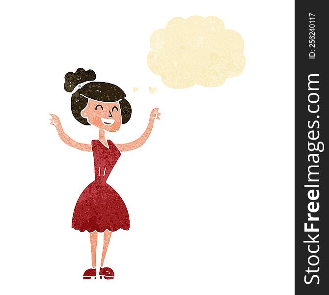 cartoon woman with raised arms with thought bubble