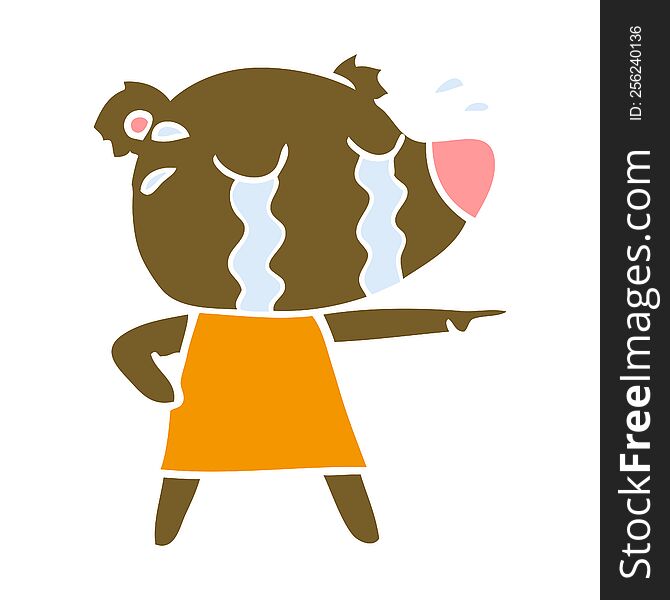 Flat Color Style Cartoon Crying Bear In Dress Pointing