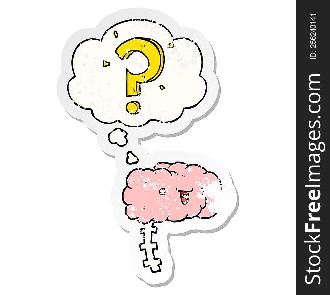 cartoon curious brain with thought bubble as a distressed worn sticker