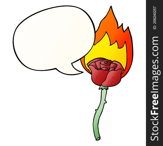 cartoon flaming rose with speech bubble in smooth gradient style