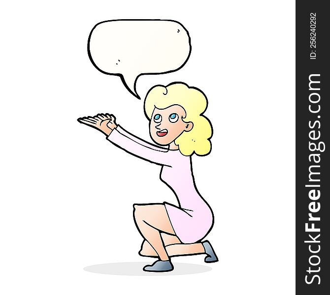 cartoon woman presentation gesture with speech bubble