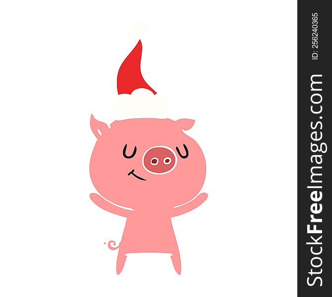 Happy Flat Color Illustration Of A Pig Wearing Santa Hat
