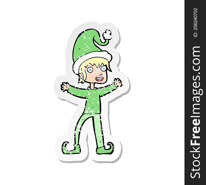 Retro Distressed Sticker Of A Cartoon Excited Christmas Elf