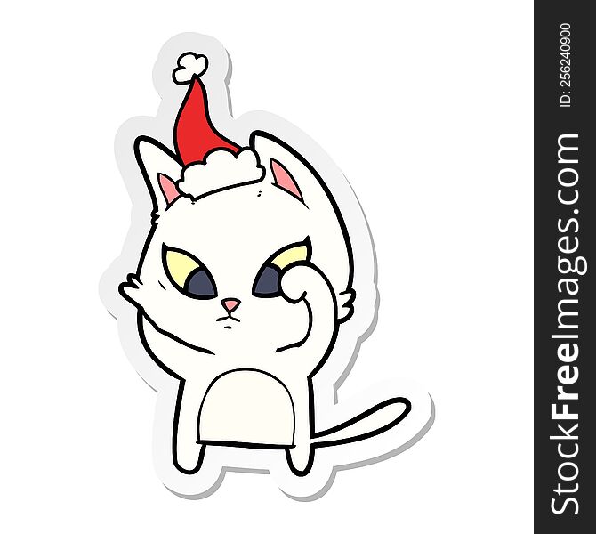 Confused Sticker Cartoon Of A Cat Wearing Santa Hat