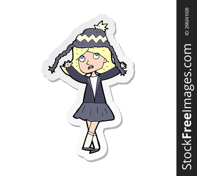 sticker of a cartoon woman wearing winter hat