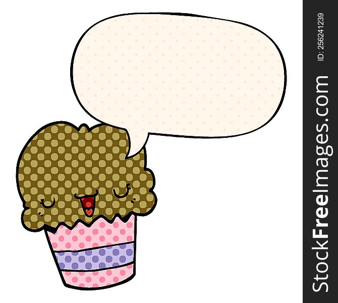 cartoon cupcake with face with speech bubble in comic book style. cartoon cupcake with face with speech bubble in comic book style