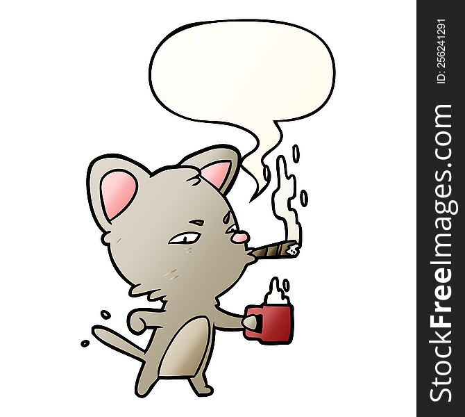 cartoon serious business cat with coffee and cigar with speech bubble in smooth gradient style