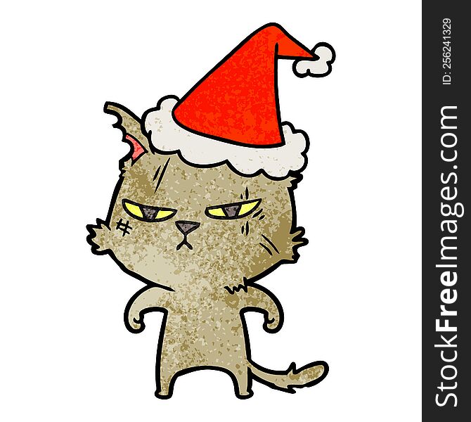 Tough Textured Cartoon Of A Cat Wearing Santa Hat