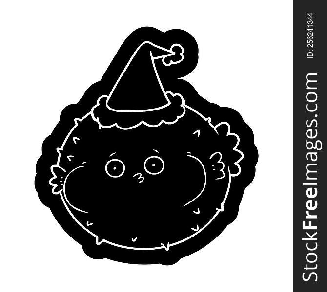 quirky cartoon icon of a puffer fish wearing santa hat