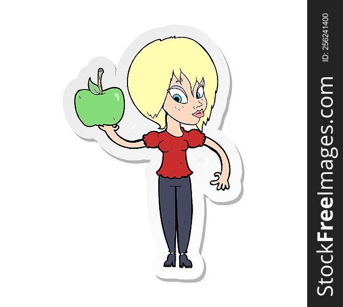 sticker of a cartoon woman holding apple
