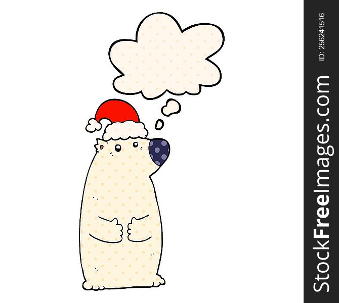 Cartoon Bear Wearing Christmas Hat And Thought Bubble In Comic Book Style