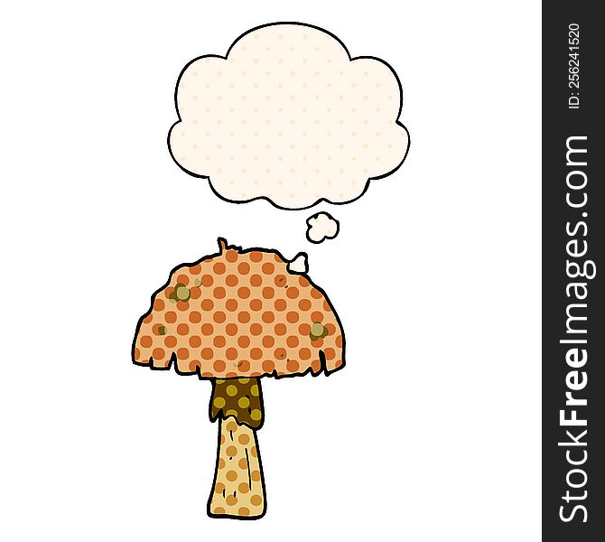 cartoon mushroom with thought bubble in comic book style
