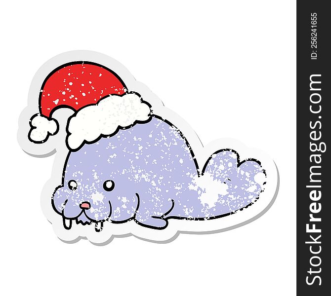 Distressed Sticker Of A Cartoon Christmas Walrus