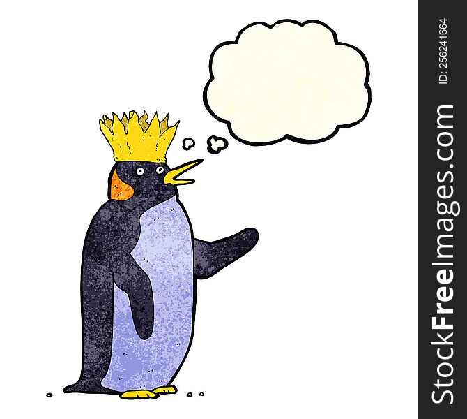 cartoon emperor penguin waving with thought bubble