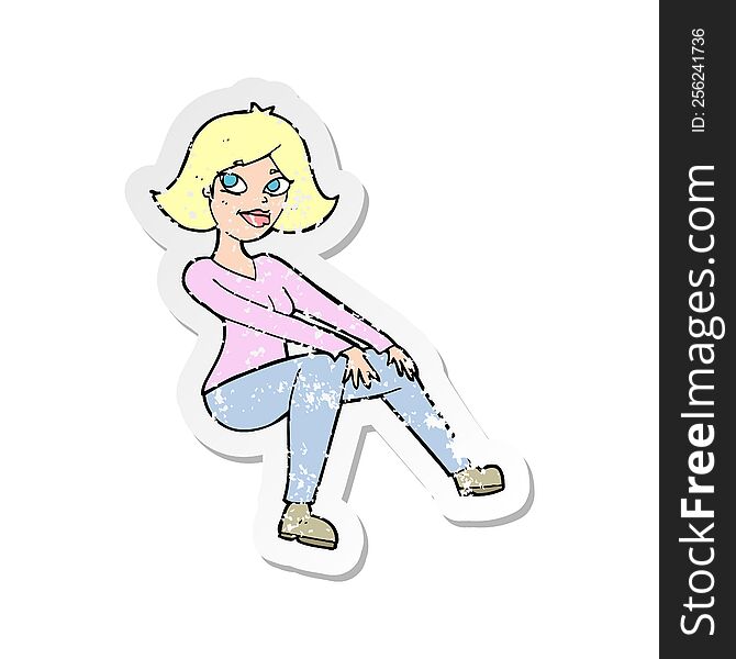 Retro Distressed Sticker Of A Cartoon Happywoman Sitting