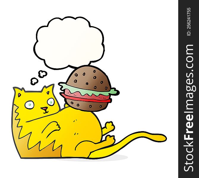 freehand drawn thought bubble cartoon fat cat with burger