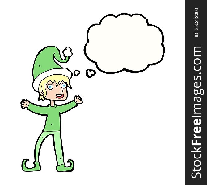 Cartoon Excited Christmas Elf With Thought Bubble