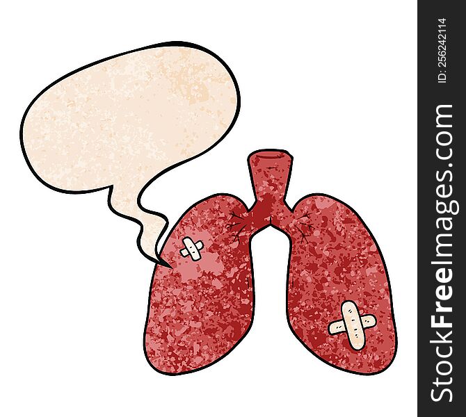 Cartoon Repaired Lungs And Speech Bubble In Retro Texture Style