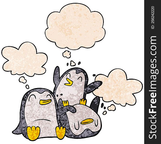cartoon penguins and thought bubble in grunge texture pattern style