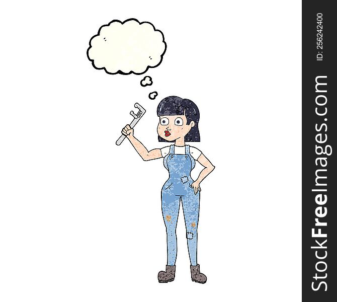 freehand drawn thought bubble textured cartoon female plumber