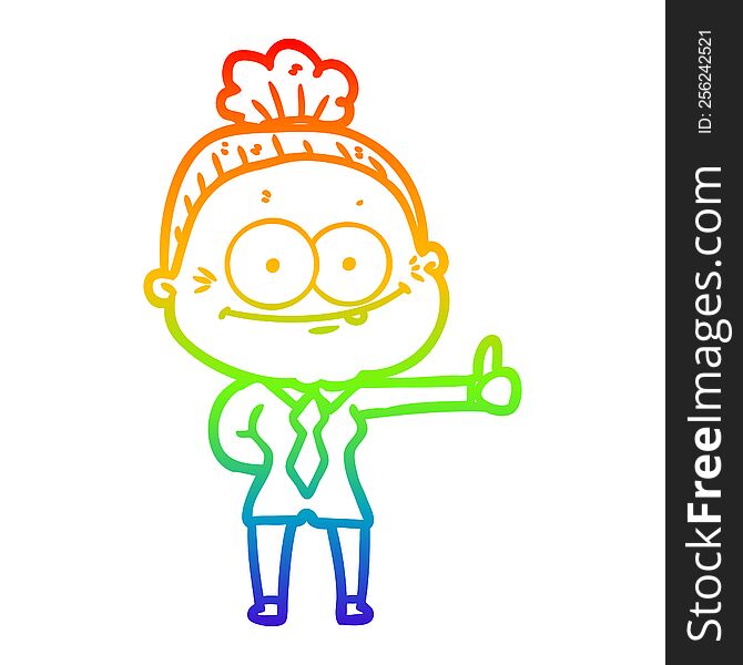 rainbow gradient line drawing of a cartoon happy old woman