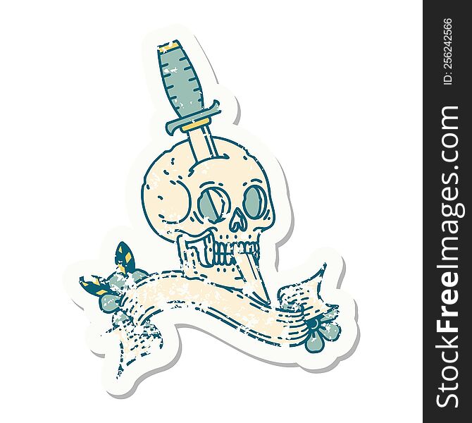 Grunge Sticker With Banner Of A Skull And Dagger