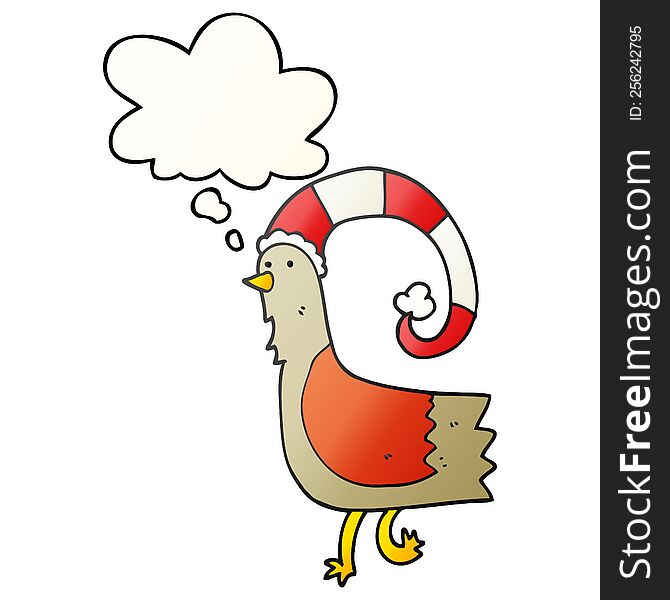 cartoon chicken in funny christmas hat and thought bubble in smooth gradient style