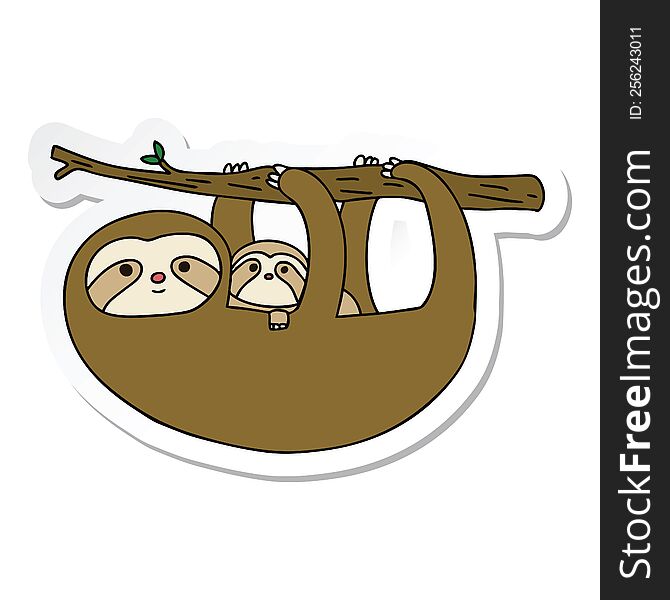 sticker of a quirky hand drawn cartoon sloth and baby