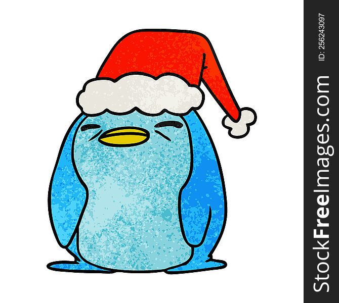 hand drawn christmas textured cartoon of kawaii penguin