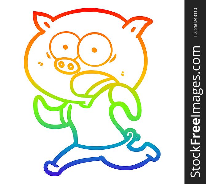 rainbow gradient line drawing of a cartoon pig running away