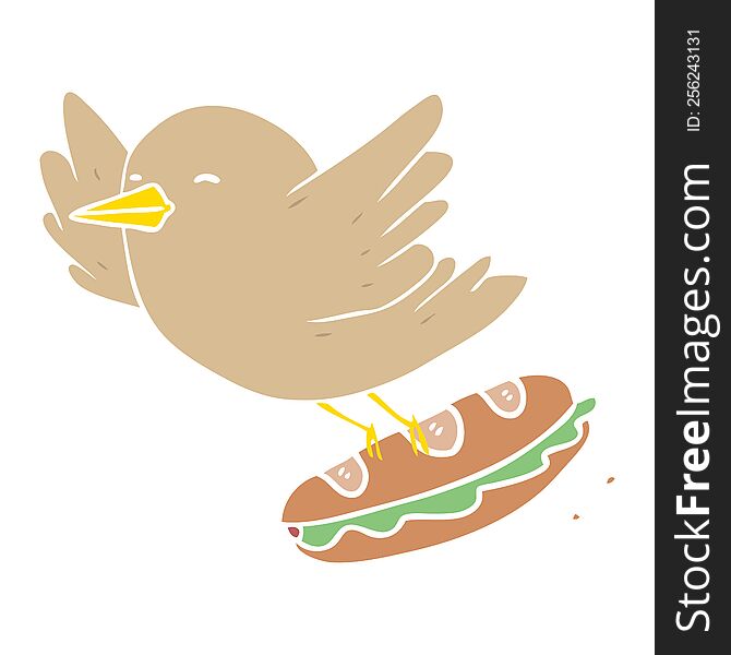 flat color style cartoon bird stealing sandwich