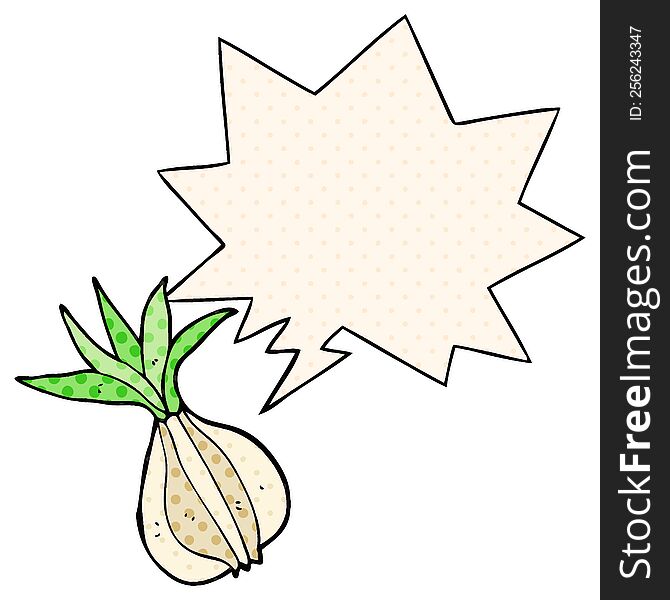 cartoon onion with speech bubble in comic book style