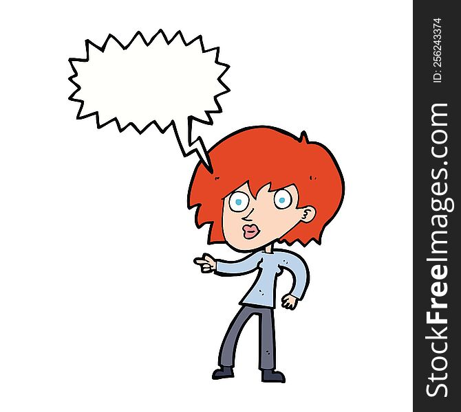 cartoon surprised woman pointing with speech bubble